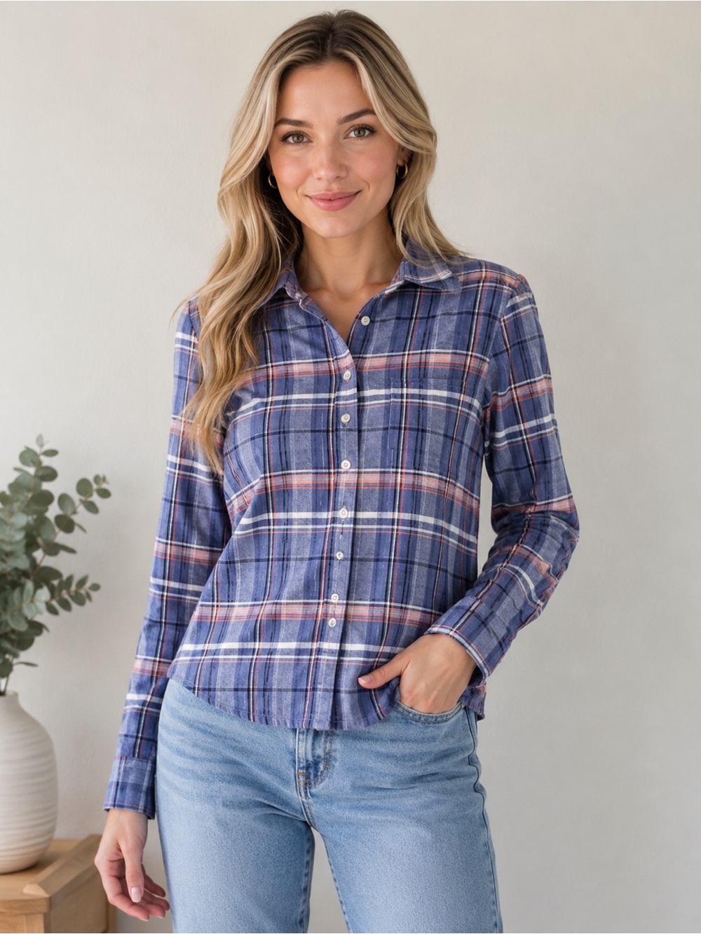 Theory Women’s Plaid Blue and Pink Button Down Size S